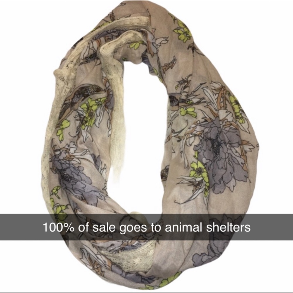 🐾NEW Lace Trim Bird & Floral Print Infinity Scarf